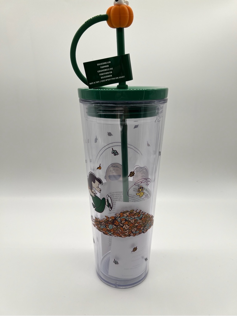 Starbucks x Peanuts Clear Tumbler with Green Lid, Green Straw Pumpkin Top 24 oz